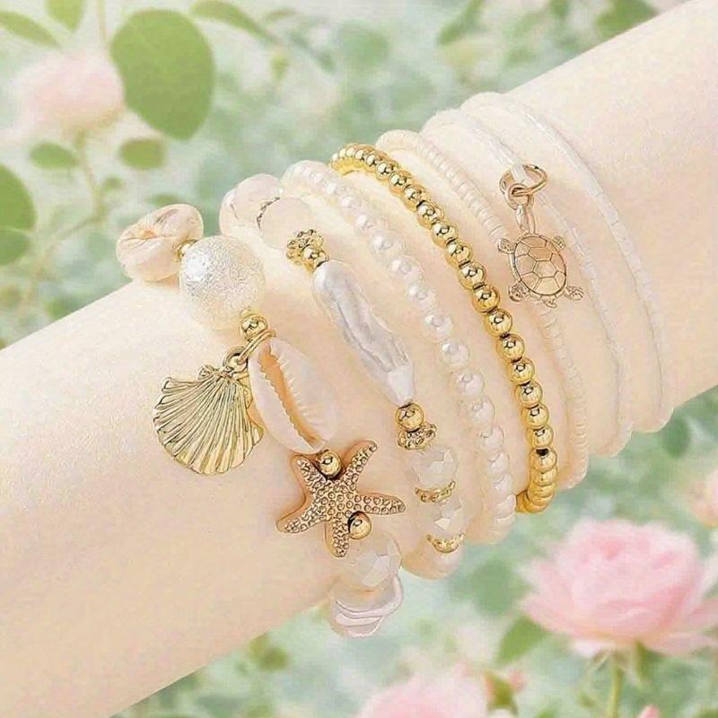 7pcs/Set Seashells, Pearls Beads Layered Bracelet Set, Ndom Shell Patterns, Great Gift Idea, Healing Crystal Bracelet for Spiritual Energy Healing