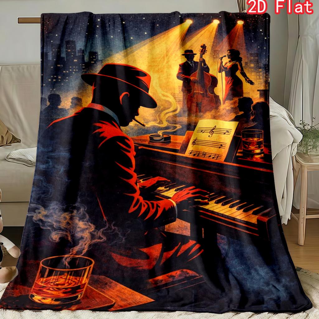 Retro Jazz Piano Player Flannel Blanket, Nightclub Music Silhouette Design Cozy Throw