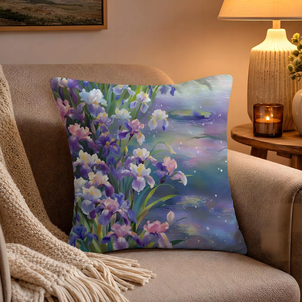 fashion Iris Pillow Case Soft Plush Cushion Cover Double Print and Invisible Zipper for Sofa Home Car Use