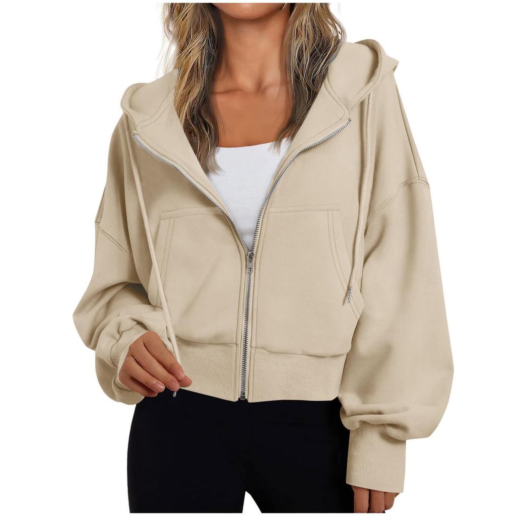 Women's Fashion Winter Long Sleeve Hooded Zipper Solid Color Loose Hooded Jacket