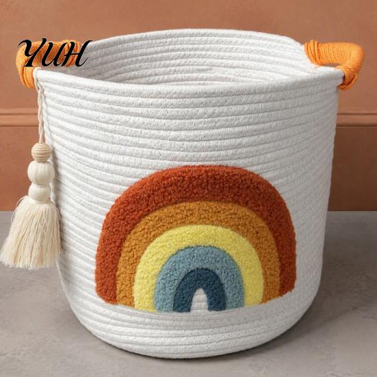 Foldable Sundries Holder Large Cotton Woven Storage Basket, Cartoon Embroidery Toy Organizer Bin, Soft Fabric Container Capacity with Reinforced