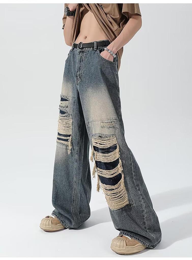 MMTYRM Men's Wide-Leg Denim Pants, Loose Fit, Stretch Goose-Eye Denim Pants, Stylish Jeans with Distressed Finish, Available in Plus Sizes, Blue, XL