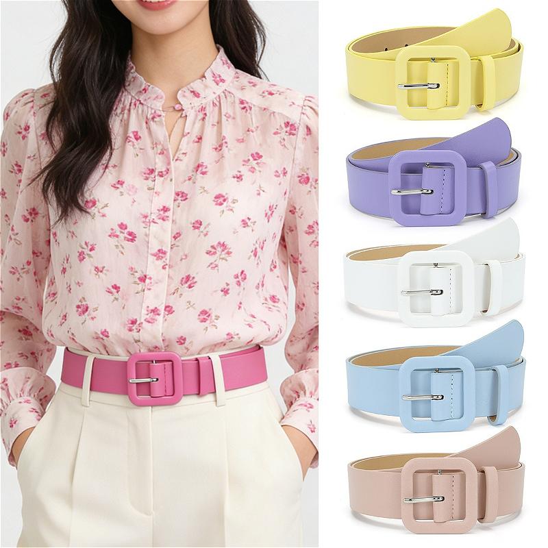 Fashionable Square Buckle Pastel and Vibrant Colors Women’s Versatile Decorative Belt Simple Everyday Casual Wide Belts