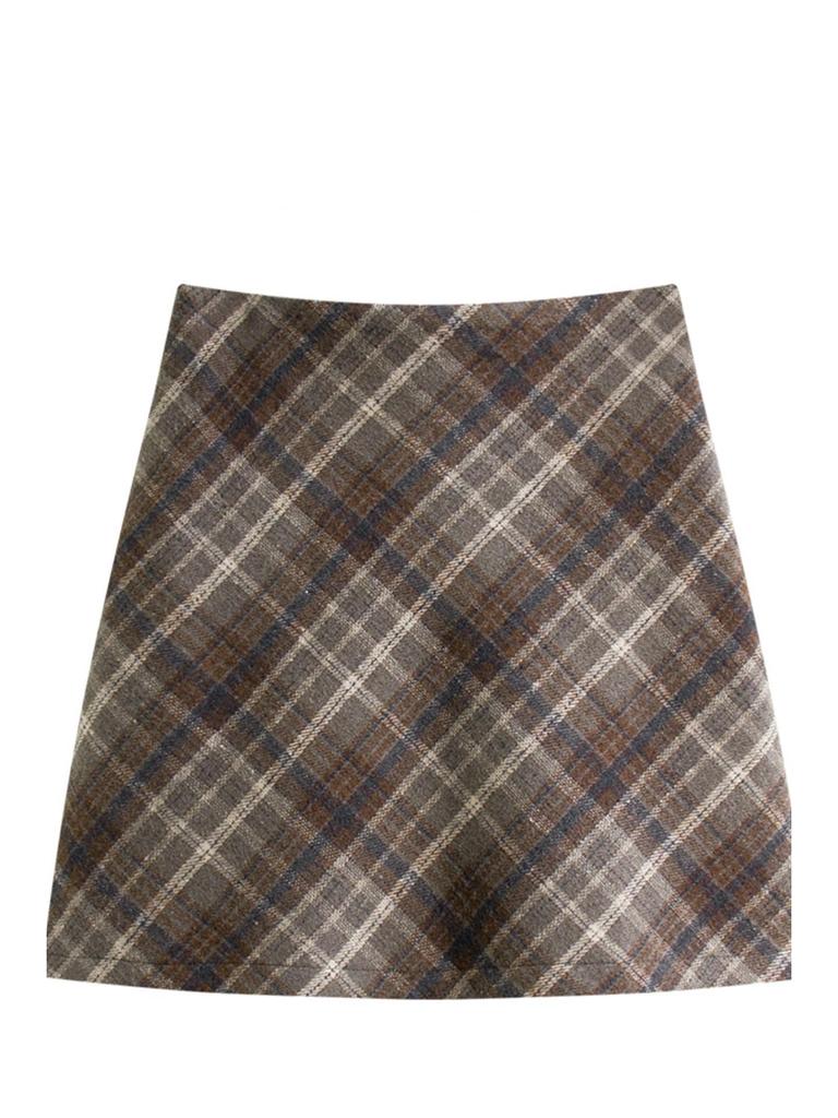 Women's Plus Size Plaid Wool A-line Skirt – Spring & Autumn, Anti-Exposure, Slimming, Thickened, Hip-Hugging, Short Skirt for Chubby Girls.