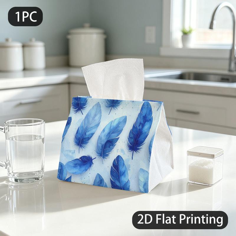 1pc Tissue Box, Watercolor Blue Feathers Gentle Airy Pattern, 2D Flat Printing, Crafted with Strong Polyester, Can Be Washed, Napkin Box, for Office U
