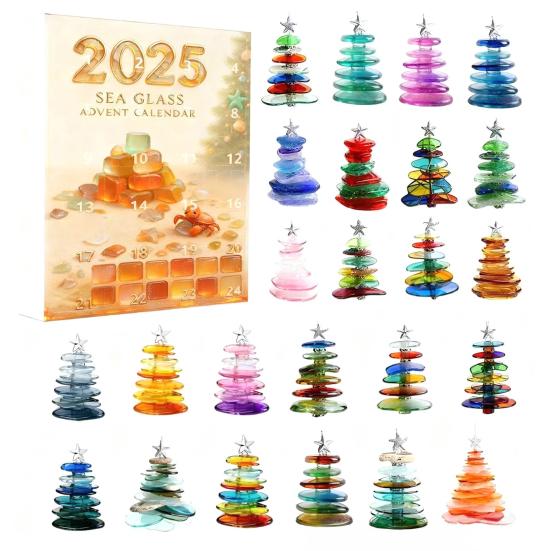 Adventní kalendář Vánoční strom z mořského skla 2025 24 dní Odpočítávání svátků s mini ozdobami z mořského skla Dekorace vánočního stromku s oceánskou tématikou