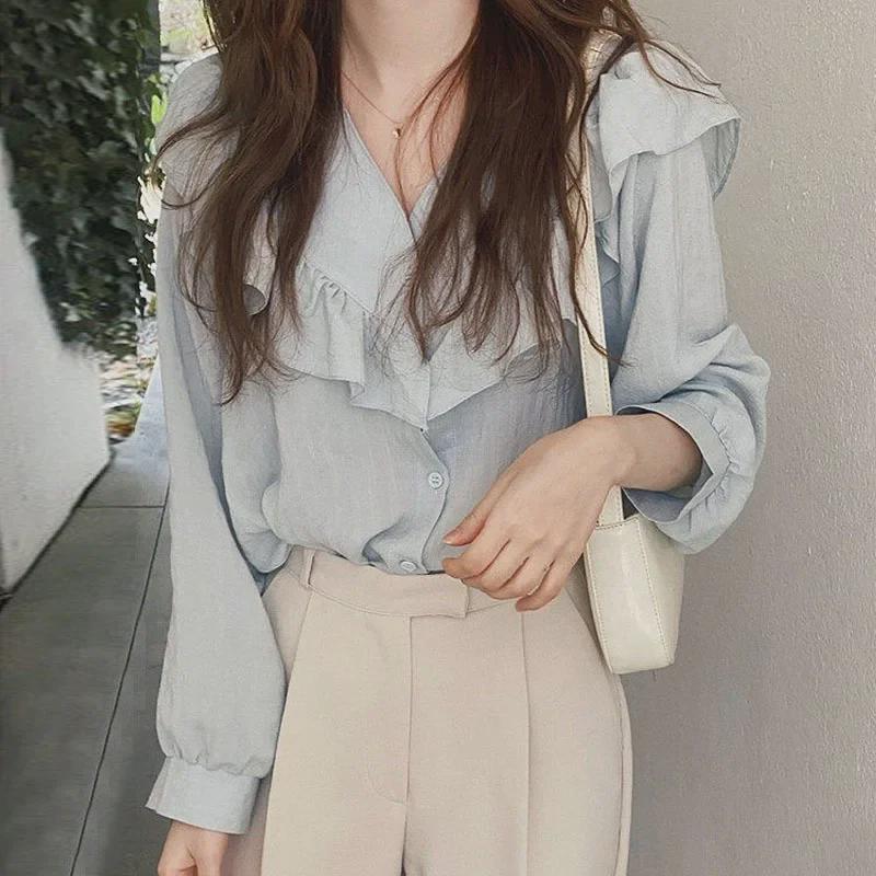 Korean Dongdaemun Women's V-Neck Ruffle Long Sleeve Shirt - 2025 Spring/Autumn Collection