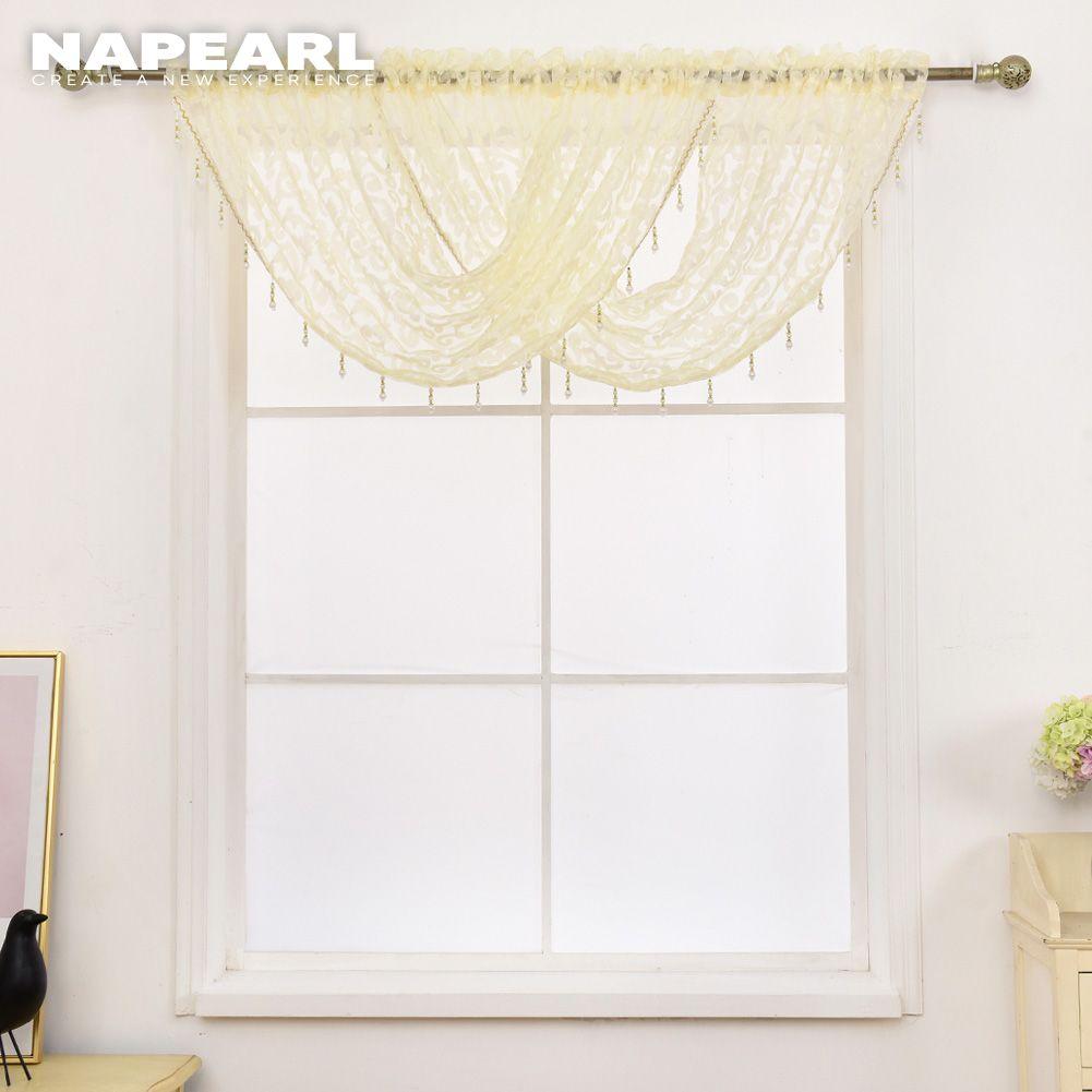 1PC NAPEARL Modern Beaded Jacquard Flower Tulle Curtain Valance for Window Decor