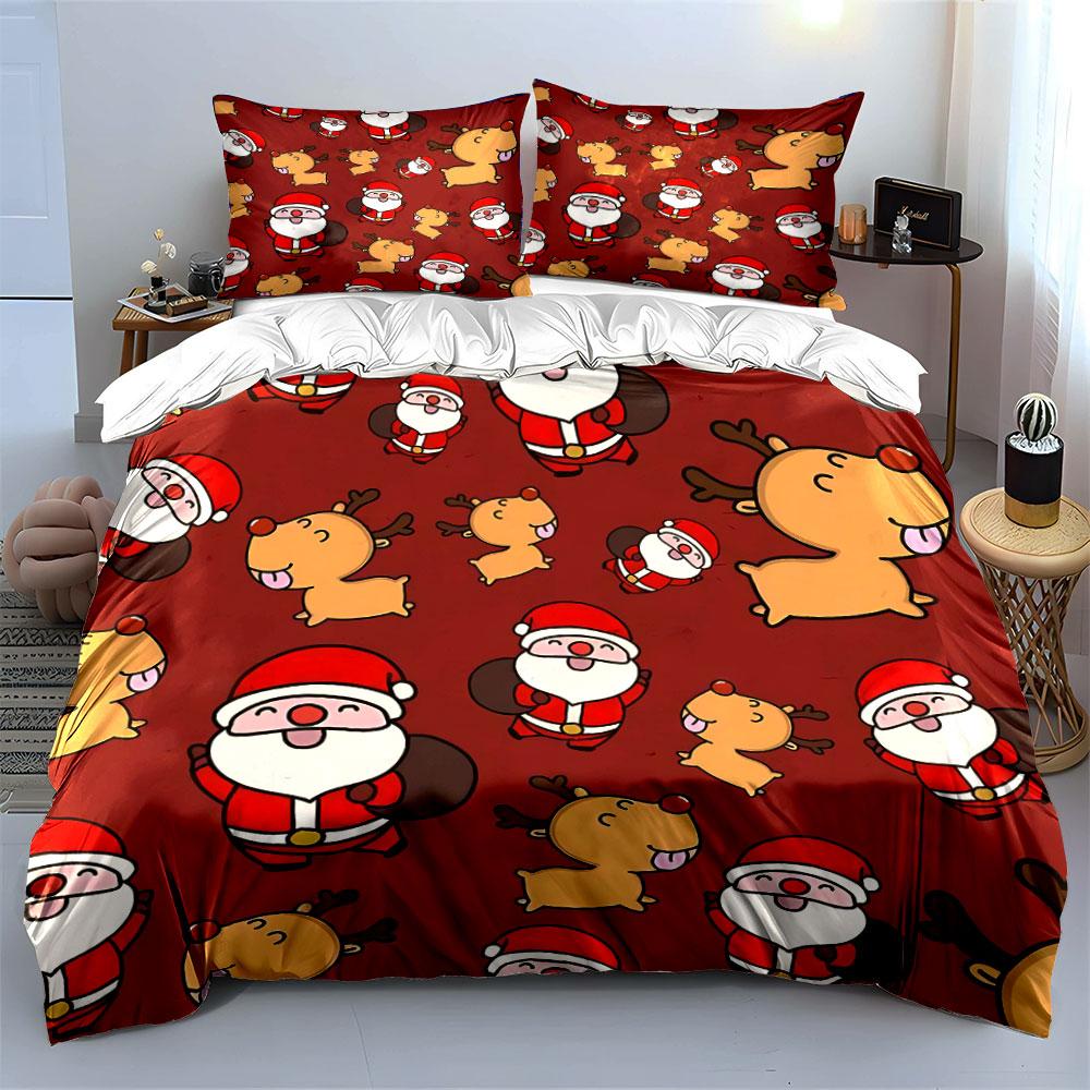 Santa and Reindeer Pattern Bedding Duvet Cover Set Duvet Cover Pillowcases  (1*Duvet Cover 2*Pillowcases, Without Duvet Insert)
