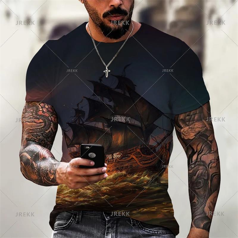 Vintage Men's Graphic T Shirts 3D Printing Pirate Ship Crew Neck Short Sleeve T-shirt For Men Oversized Clothing Homme Camiseta