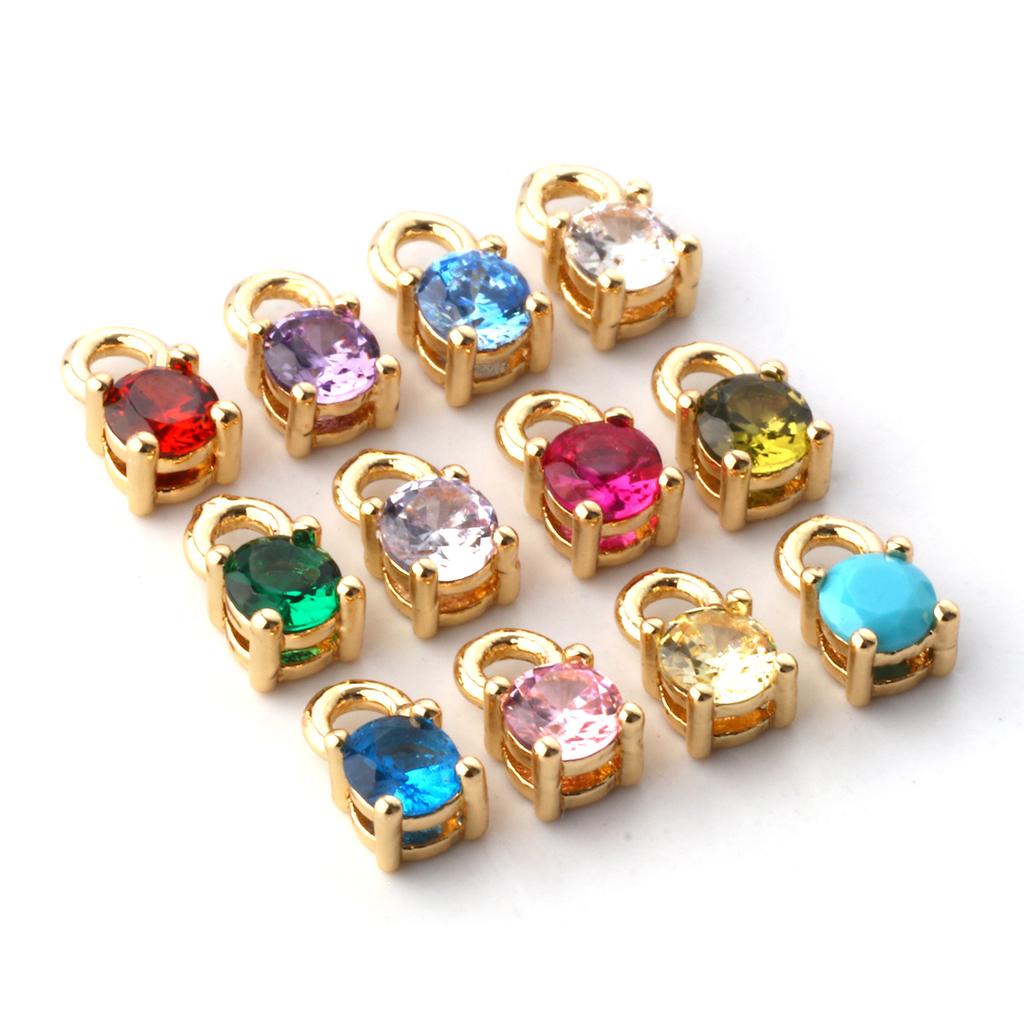 5 PCs Round Birthstone Charms Brass & Cubic Zirconia 18K Gold Plated Mini Pendants For DIY Jewelry Making Findings 6mm x 3mm