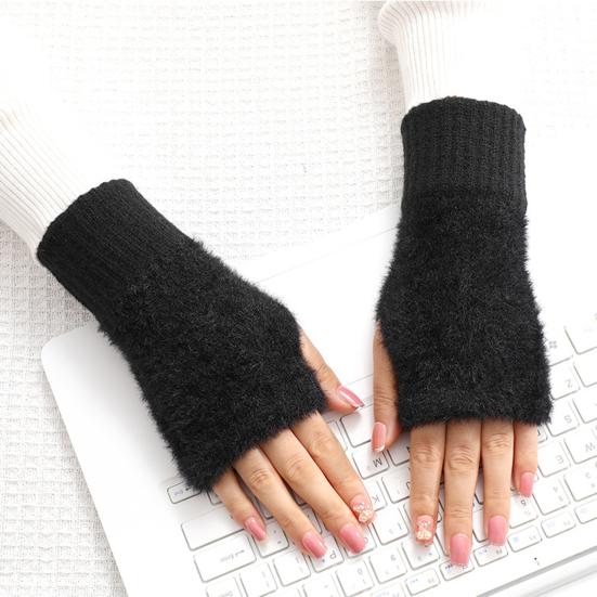 Half Finger Gloves Women Long Fingerless Gloves Fleece-Lined Touchscreen Knitted