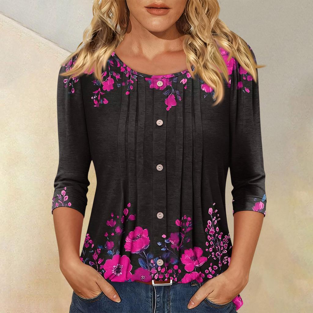 Damen Modisches Lässiges Dreiviertelarm Knopfleisten Oberteil mit Blumenmuster und Rundhalsausschnitt