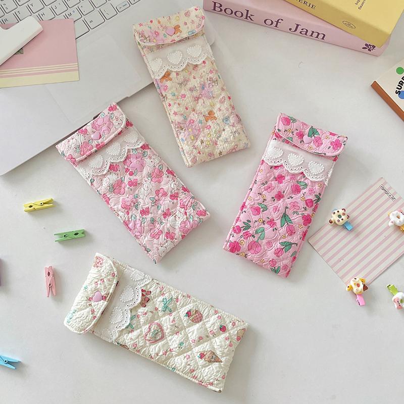 Kawaii Quilted Glasses Bag Cute Cartoon Eyeglasses Pouch Soft Cotton Sunglasses Case With Heart Button Lace For Women Girls
