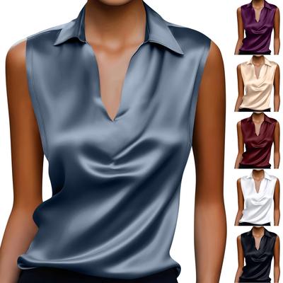 Damen Ärmellose Seidensatin Bluse Lässiges Tanktop V-Ausschnitt Tops