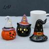 Hand Painted Ceramic Night Light Halloween Tealight Holder Lighted Ghost Pumpkin Figurine with Cute Wizard Hat Decor Witch Hat Tiered Tray Tabletop