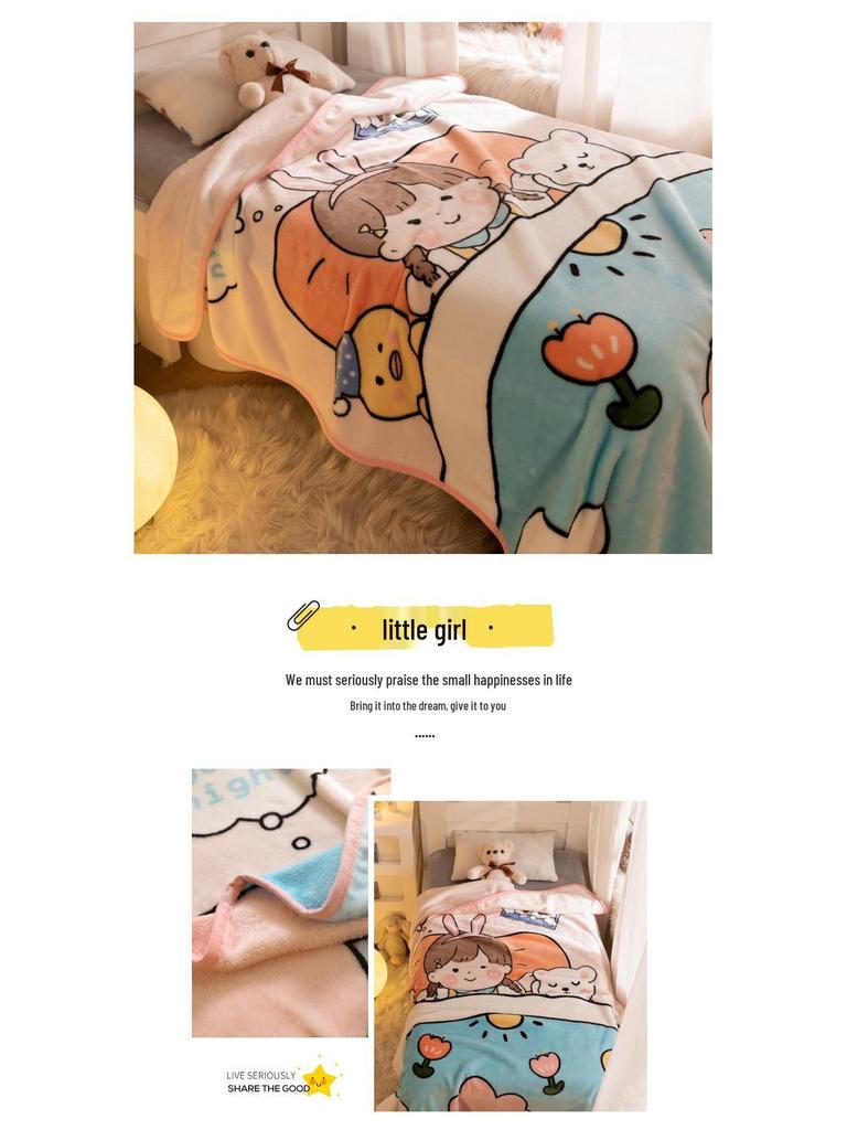 Cartoon Style Flannel Fleece Children's Blanket - Single Layer, All-Season, Small Nap Blanket with Edging