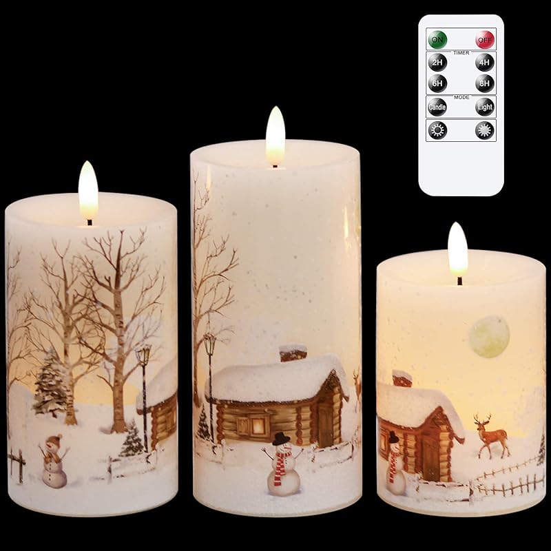 GenSwin Christmas Snowman Flameless Candles Flickering Battery Operated with Timer, Real Wax Led Pillar Candles Warm Light, Christmas Snowman Deer