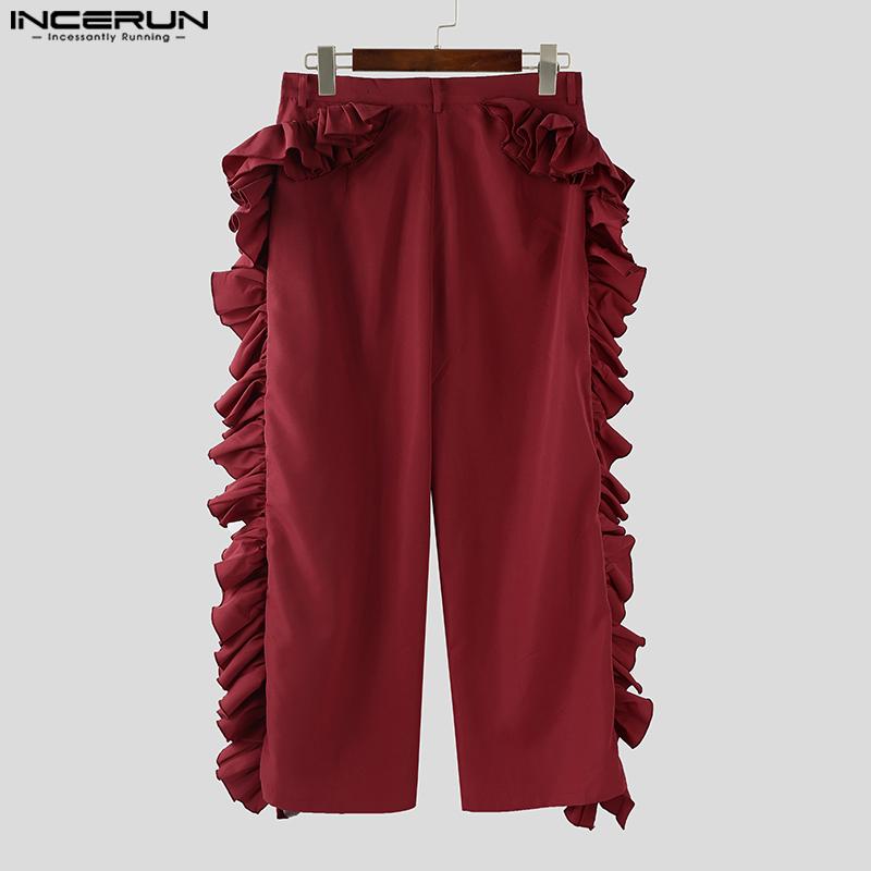 INCERUN S-5XL Pánské kalhoty s vysokým pasem, volánovými vrstvami na straně, ležérní, dlouhé