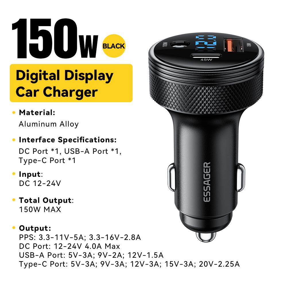 Essager 150W USB Car Charger For Xiaomi iPhone Samsung Laptops Tabet PD 3.0 Fast Charging USB Type C Digital Display Car Charger
