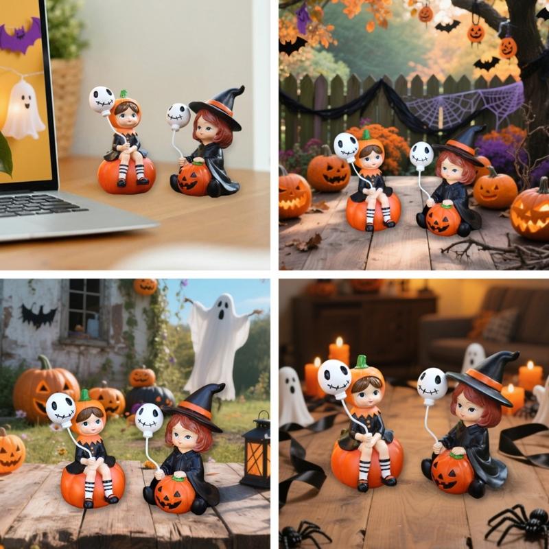 2Pcs Halloween Decors Handcrafted Witch Holding Ghostly Balloon Resins Figurines Ornaments For Home Festives Display