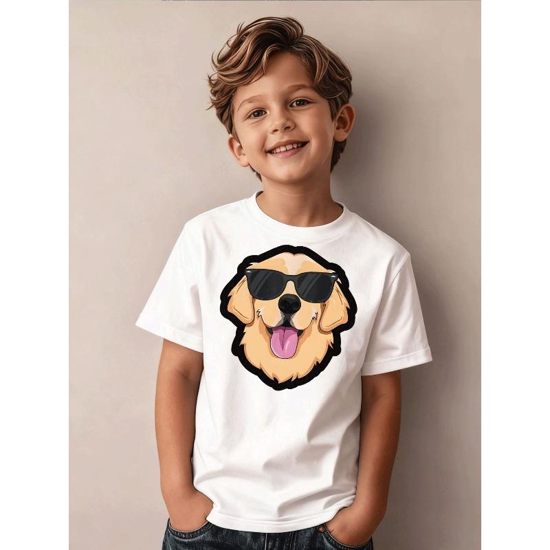 Boys Glasses Golden Retriever Tongue Out Print Crewneck Casual T-Shirt 110 белый