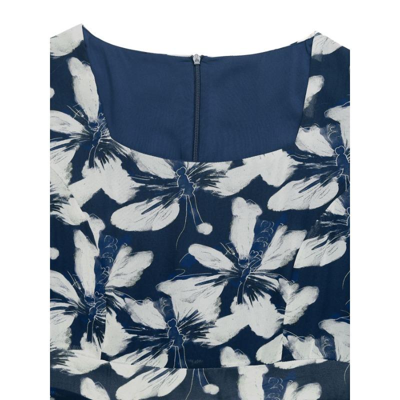 JKASHDK Robes décontractées pour femmes, mode été printemps imprimé floral, manches courtes, col carré, taille haute