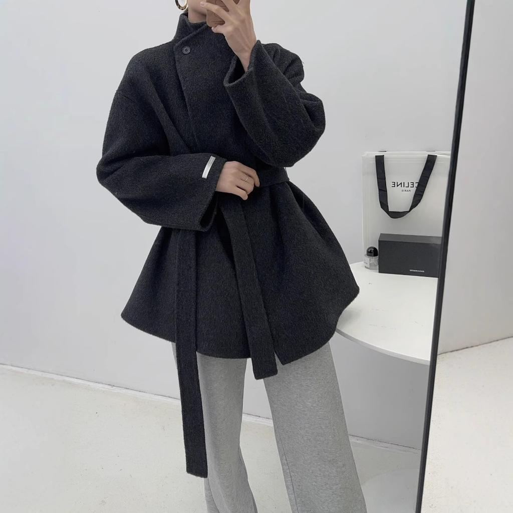 Stand-up collar short double-sided wool coat lapel loose lazy small autumn and winter women's camel white coat