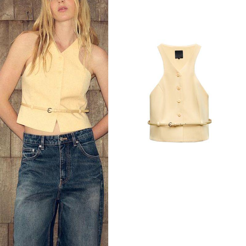 Spring New Women's Clothing Single-Breasted with Belt Hanging Collar Vest-Style Cold-Shoulder Sleeveless Tops 5030737
