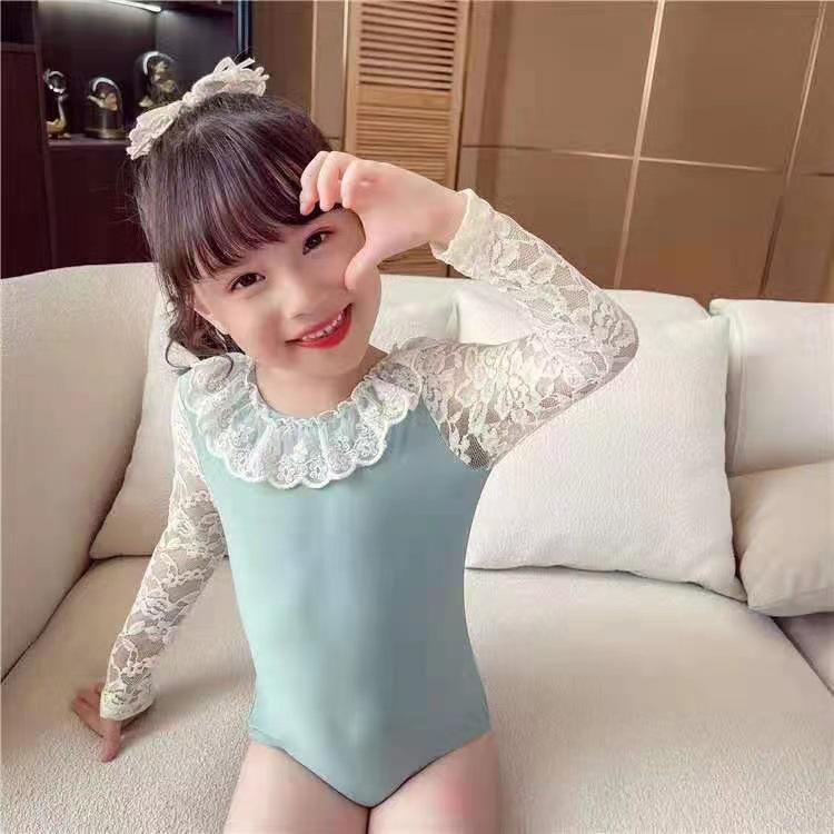 Trendy Girls' Long-Sleeve One-Piece Swimsuit with Korean Style Lace Ruffles