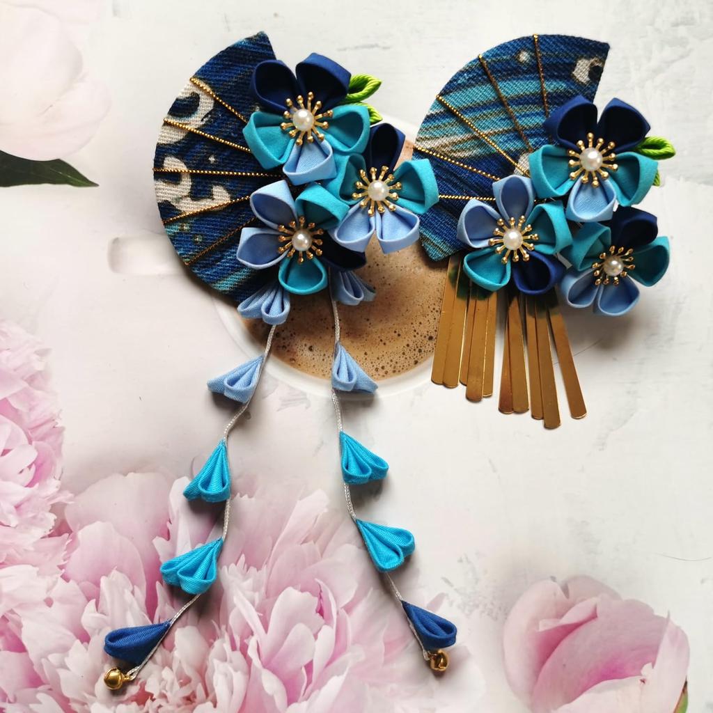 MaitianGuyou Japanese Style Hair Hair Hair Clips with Golden Plum Blossom Folding Perfect for or Yukata Ornament, Fan-Shaped Tsumami-Zaiku Ornament,