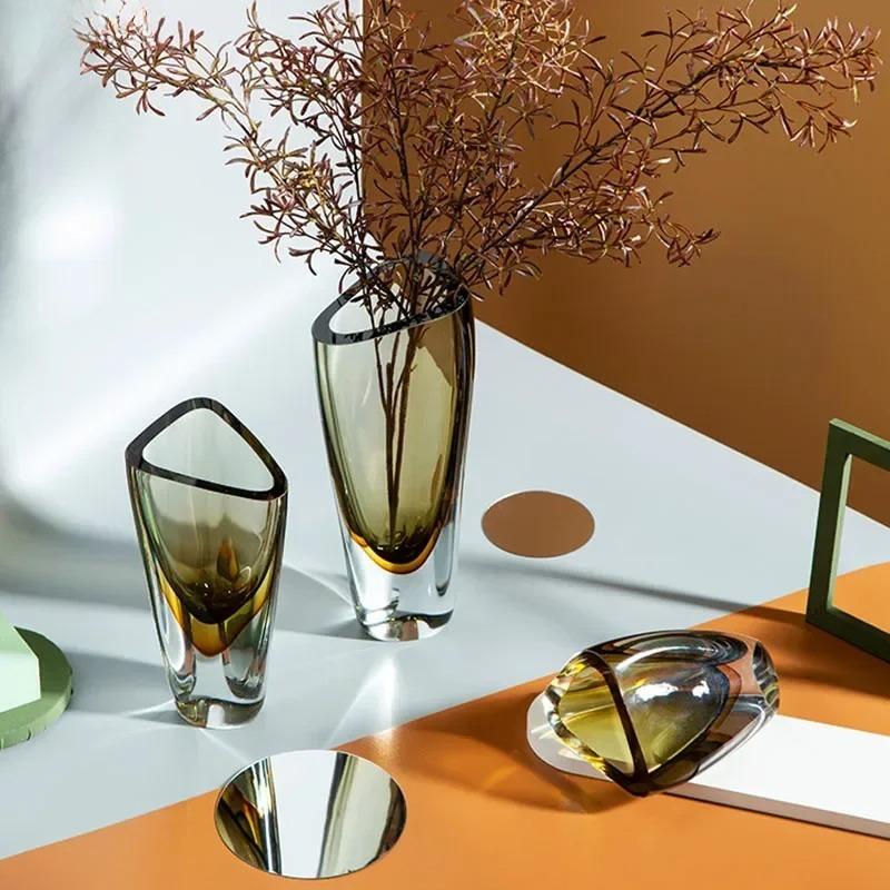 Minimalism Amber Color Glass Vase Hydroponics Flower Pots Desk Decoration Flower Arrangement Floral Vases Modern Home Decor