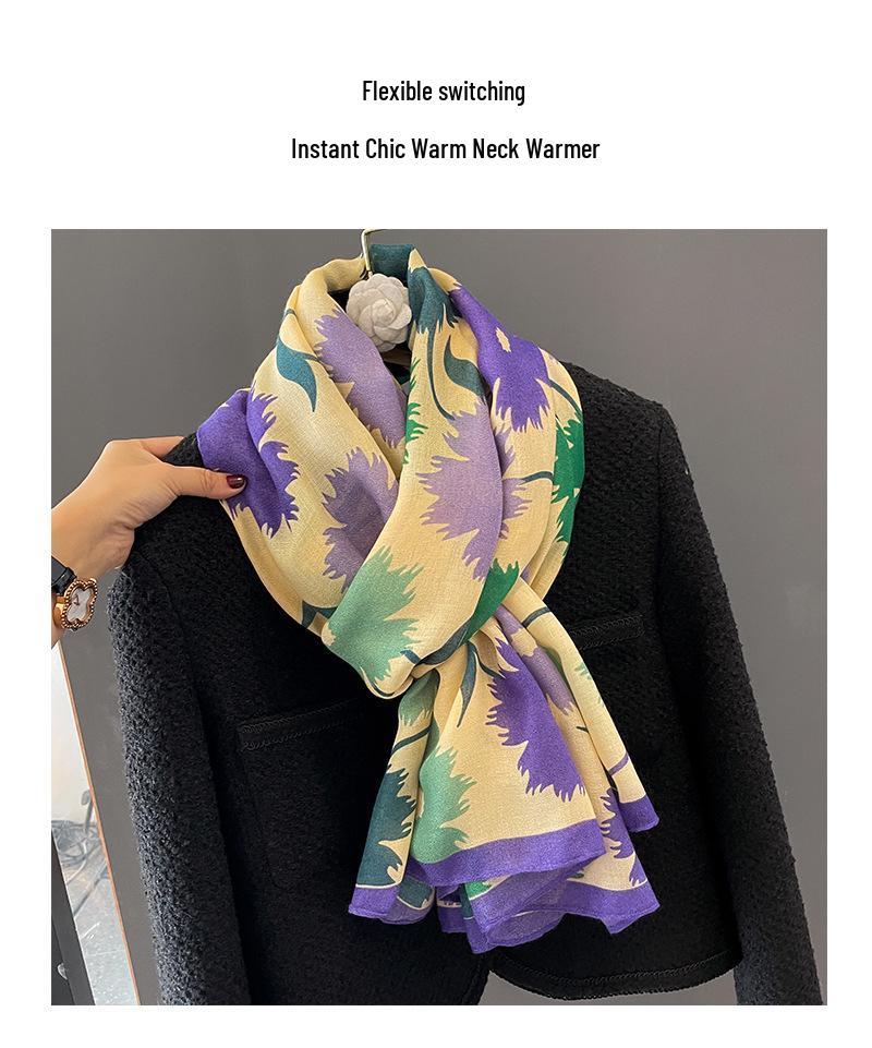 Korean Style Floral Cotton Linen Scarf - Versatile Autumn/Winter Shawl for Women