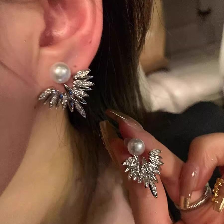 Design sense rear hanging pearl zircon stud earrings niche unique high-end earrings women's light luxury temperament ear jewelry