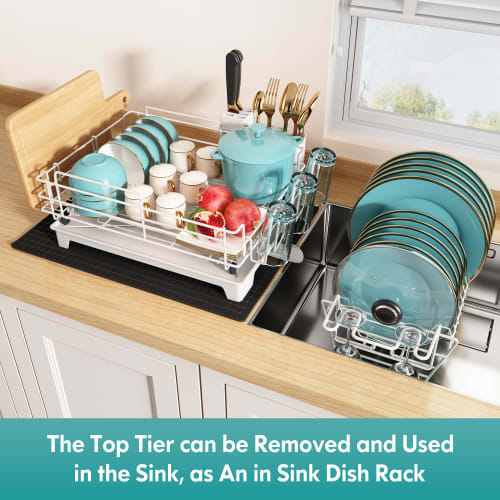 MAJALiS White Dish Drying Rack for Kitchen Counter, Stainless Steel 2-Tier Dish Drainer, Sink Drainer Board, Kitchen Organizer, Space-Saving