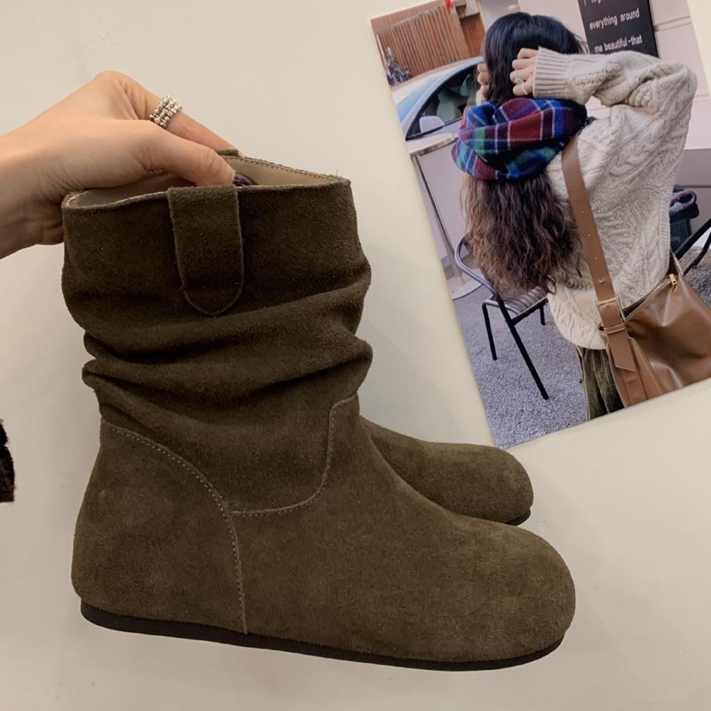 Retro pleated Maillard short boots, new casual and thin short tube inner heightening stacking boots, Martin boots