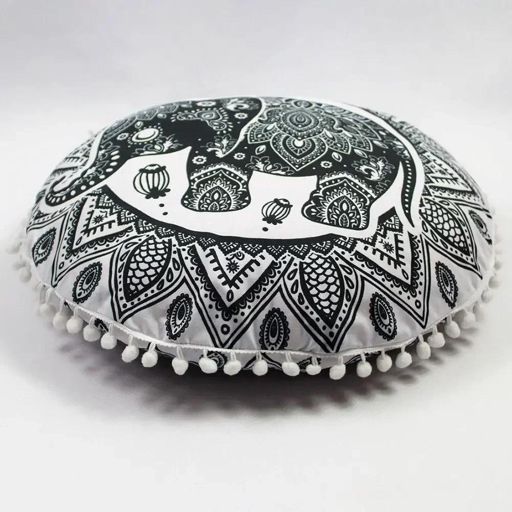 43CM Round Bohemian Mandala Pattern Pillowcase Indian Elephant Printed Cushion Cover Boho Meditation Floor Pillows Case