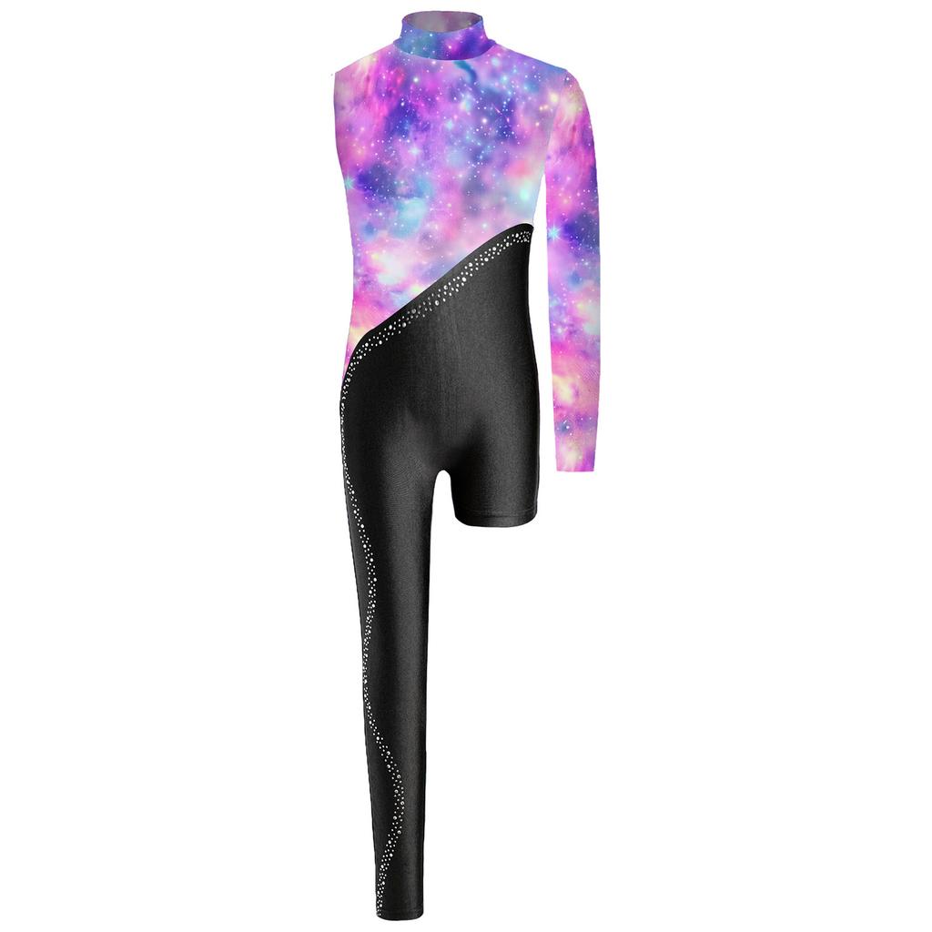 Girls Gymnastics Leotard Sparkly Rhinestone Invisible Zipper Printed Full Length Skating Jumpsuit