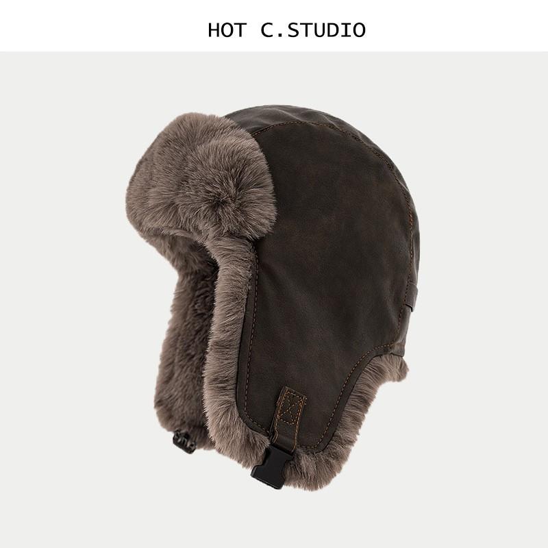 Winter Warm Faux Leather Aviator Hat With Fleece Lining Men Women Outdoor Skiing Cold Weather Ear Protection Cap