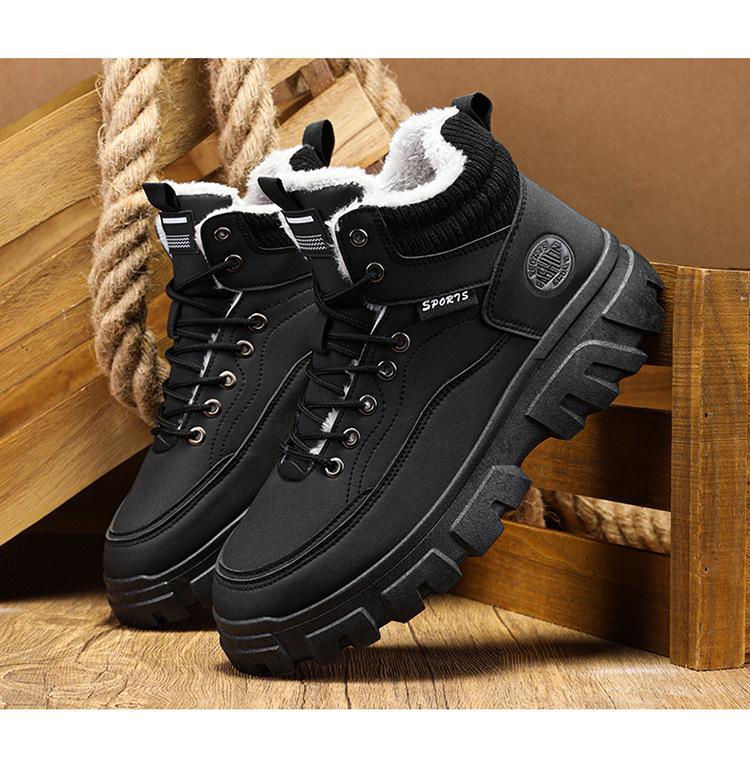 Men's High-Top Martin Boots - Velvet Winter Work Shoes, Retro Style with Thick Soles and Warm Cotton Lining.