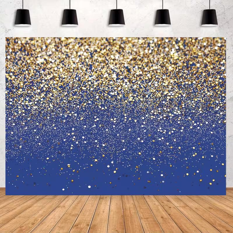 2D Royal Blue with Sparkling Gold Confetti Backdrop Photography Background Banner