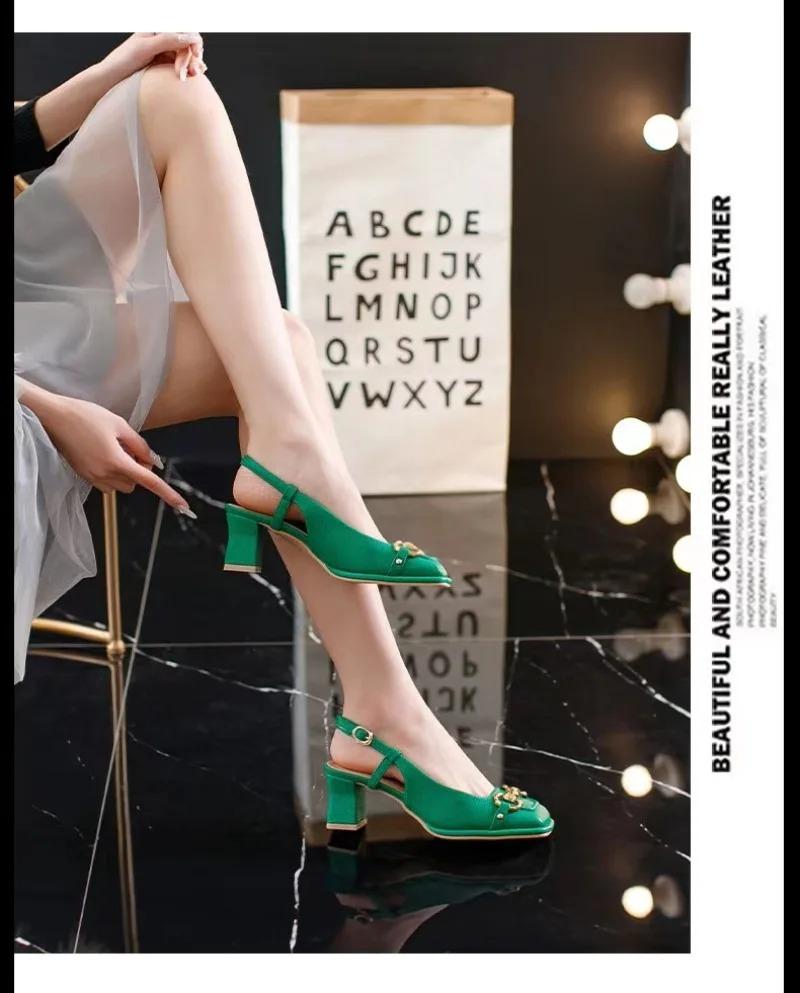 Fashion Women's Mid-heel 5.5CM 2024 Summer French Style Back Empty Female Thick Heel Square Toe Shoes Black Green