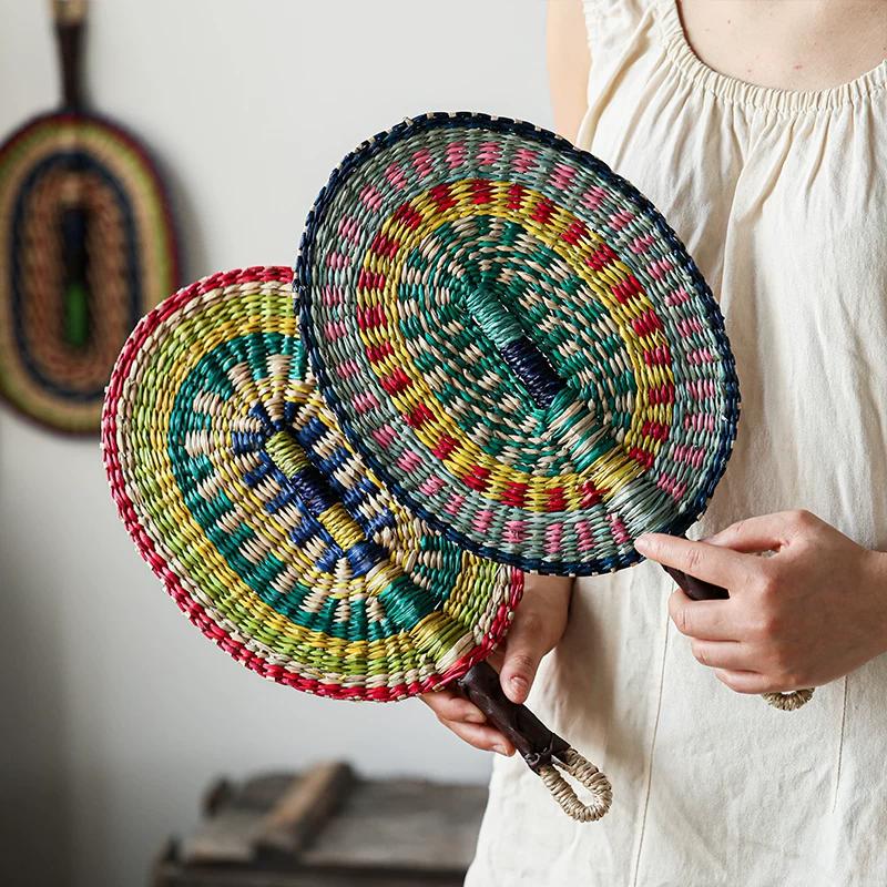 Colorful Circular Wall-Hanging Hand Fan, Vintage Ethnic Style, Hand-Woven Straw Fan, Homestay Landscape Decoration