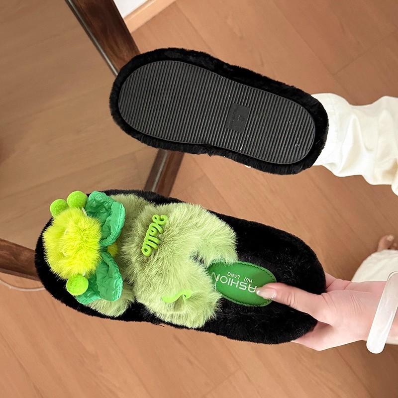 Cartoon casual fluffy slippers women's autumn and winter home home non-slip cotton slippers thick sole heightening pregnant women warm cotton shoes