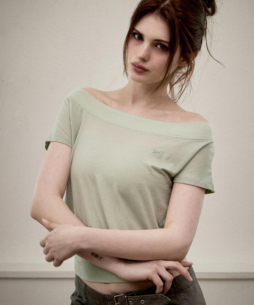 KITTY POTTERY Sheer Off-Shoulder Short-Sleeve T-Shirt [Ice Lime]