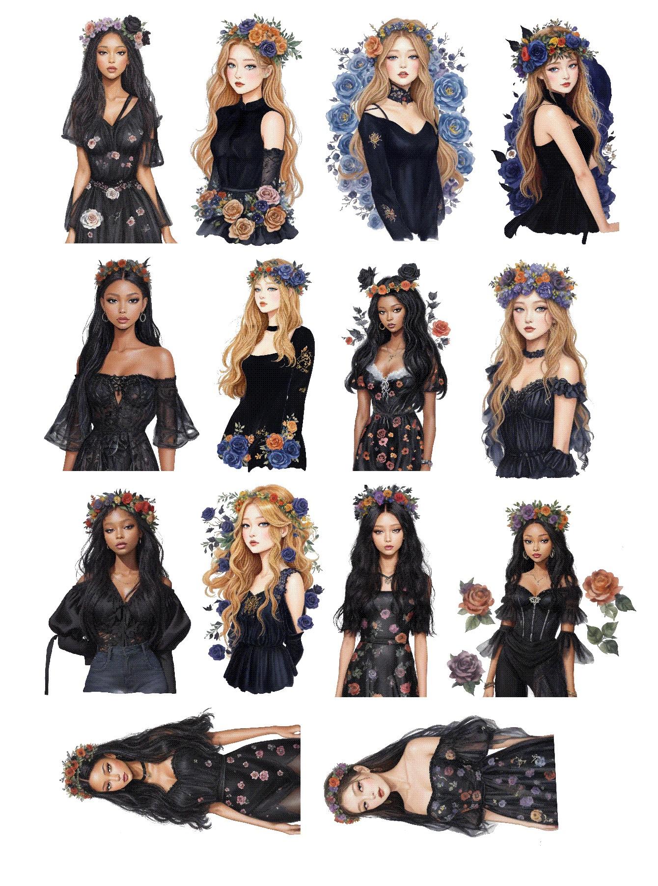 

1 Set Watercolor Fashionable Black Clothes, Corolla Girl Stickers Decorative Labels Scrapbooking Journaling Stationery белый