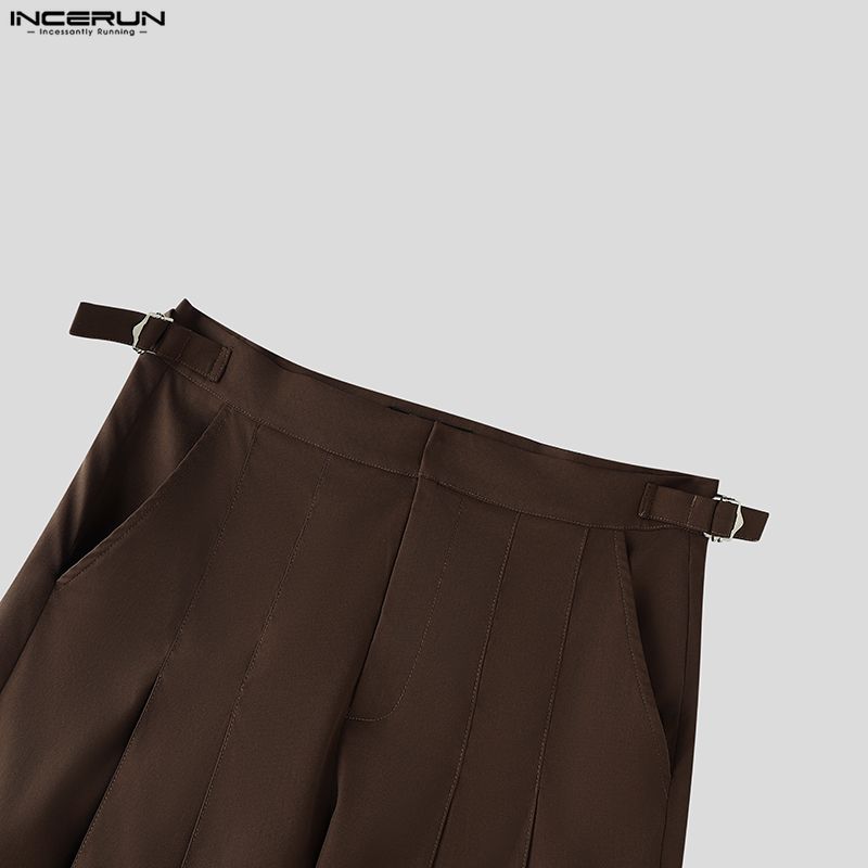INCERUN Men Casual Zip-up High Waist Long Pleating Wide Legs Pants Trousers