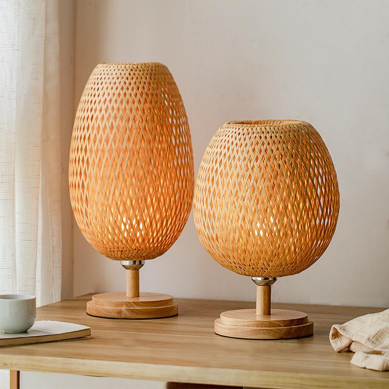 Japanese Wabi-Sabi Style Bamboo Table Lamp Hand Woven E27 Desk Light Simple Creative Design Night Light Bedroom Tea Room Hotel