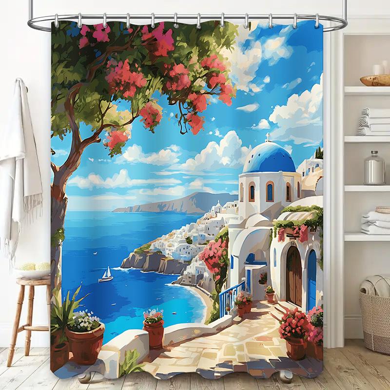 Dunika Chen Blue Breathtaking Santorini Seascape Church Flowers Mediterranean Style Bath Curtain Waterproof Mildew Resistant Elevate Space