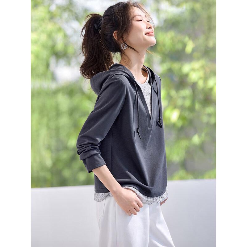 Women s Fake Two-Piece Color Block Hooded Sweatshirt L